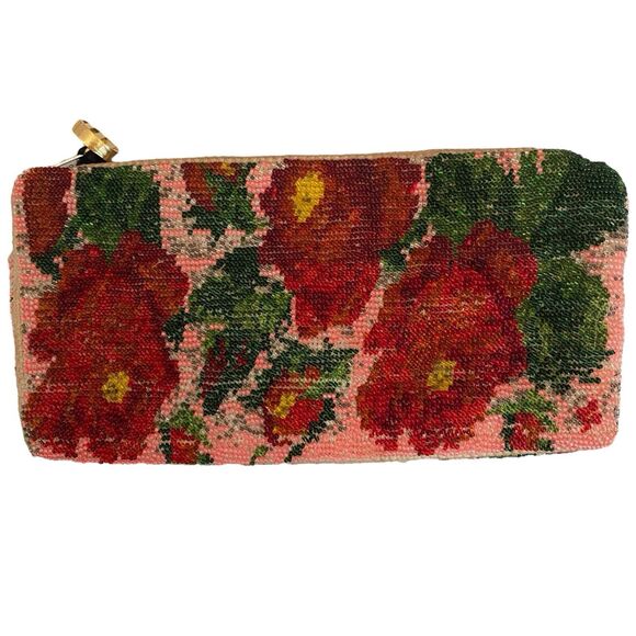 Vtg Cottagecore Beaded Clutch Purse Bag Roses Glass Handmade 1950’s Paper Lined - Picture 2 of 8